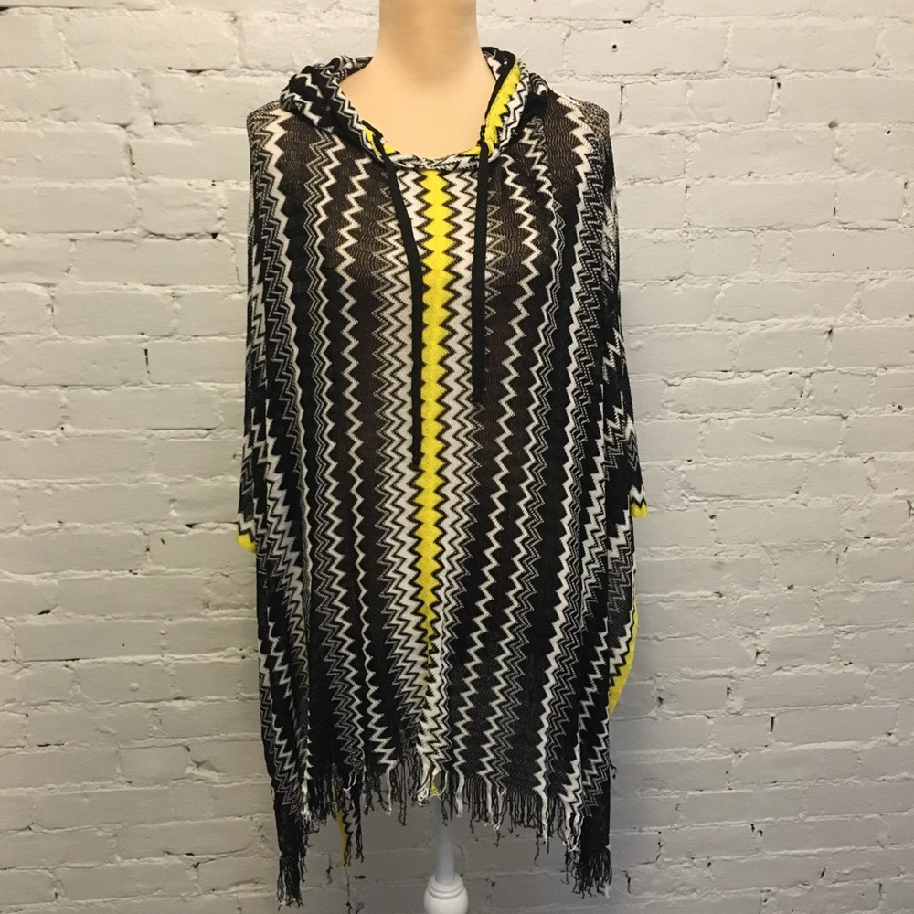 Missoni hooded poncho pullover yellow & black zig zag os boho italy
